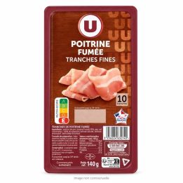 Poitrine fumée U 10 tranches 140 g sur fond blanc