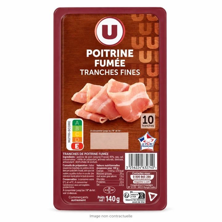 Poitrine fumée U 10 tranches 140 g sur fond blanc