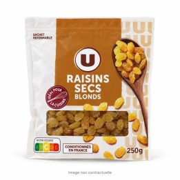 Raisins secs blonds U 250 g sur fond blanc