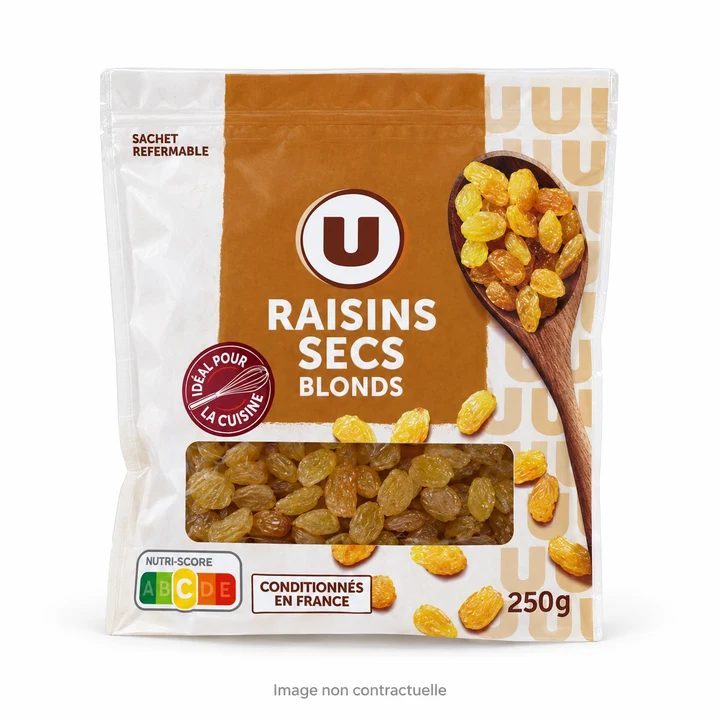 Raisins secs blonds U 250 g sur fond blanc