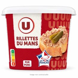 Rillettes du Mans U pur porc 220 g sur fond blanc