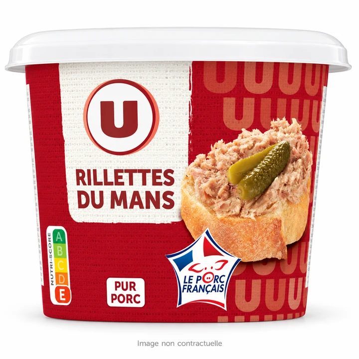 Rillettes du Mans U pur porc 220 g sur fond blanc