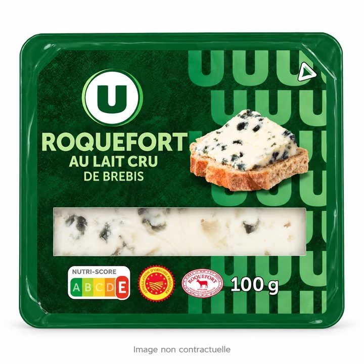 Roquefort U au lait cru de brebis 100 g sur fond blanc