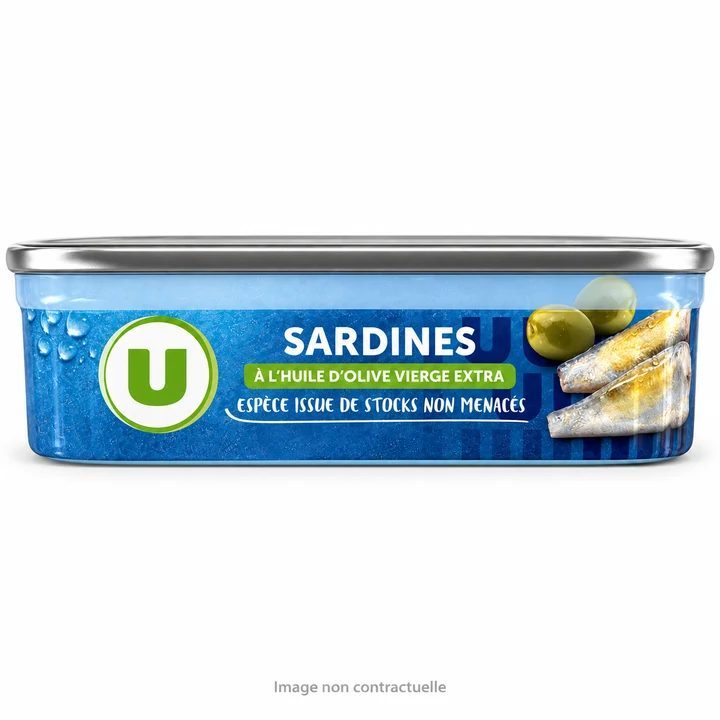 Sardines U huile d’olive 135 g sur fond blanc