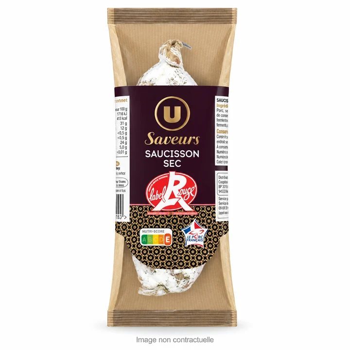 Saucisson sec U Saveurs Label Rouge 250 g sur fond blanc