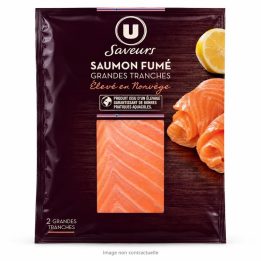 Saumon fumé U Saveurs Norvège 2 grandes tranches 100 g sur fond blanc