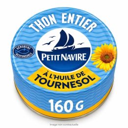 Thon entier Petit Navire huile de tournesol 160 g sur fond blanc