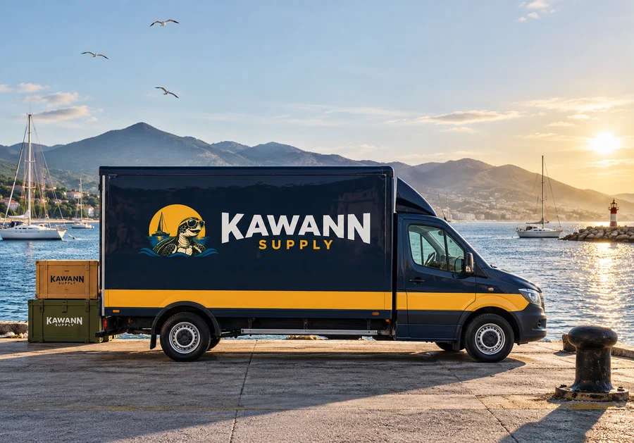 Camion de livraison Kawann Supply sur le quai de la Marina du Marin